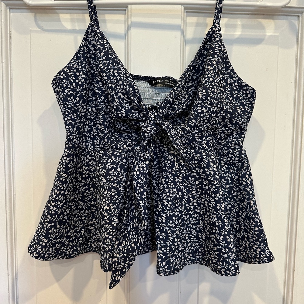 shein navy and white floral tie front tank top size xs